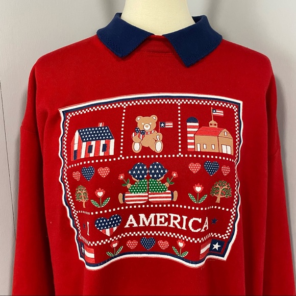Vintage 90s Red Collared Patriotic Graphic USA Sweatshirt - Picture 3 of 12